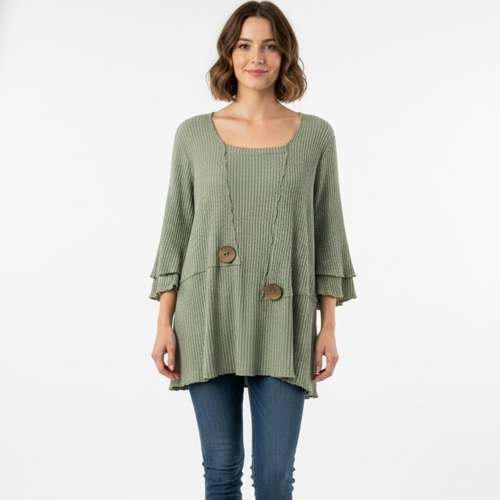 Orvis Sage Waffle Knit green olive 3/4 Sleeve ribbed wooden buttons size L